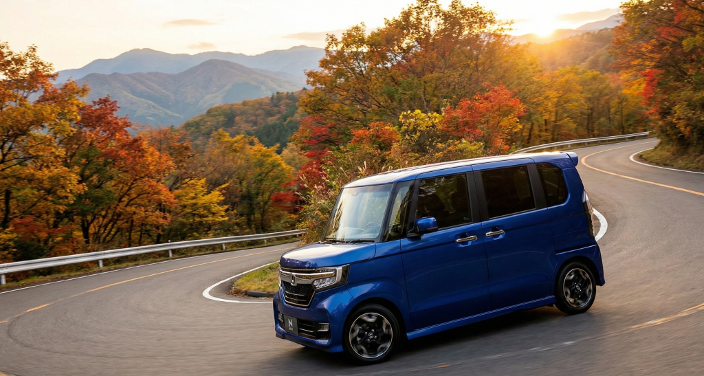 背が高く広々とした空間が魅力のホンダN-BOXの走行イメージ