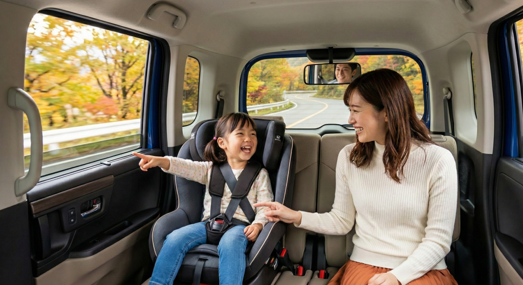 N-BOXの後部座席で車酔いせずにドライブを楽しむ家族・子供のイメージ