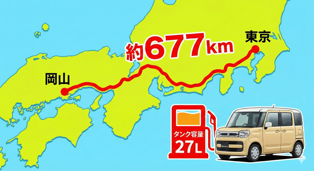 スペーシアのガソリン満タン時の航続距離目安(東京から岡山までの日本地図)