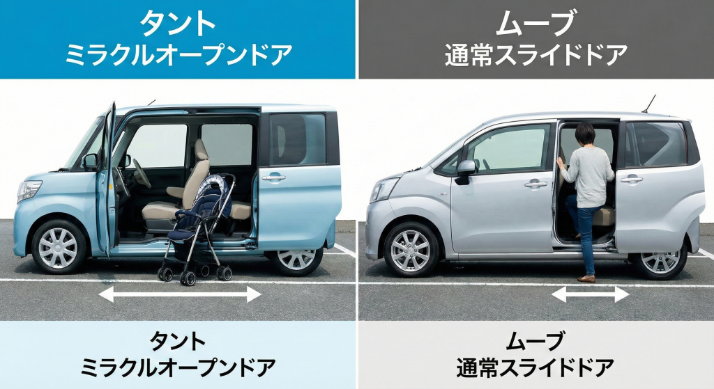 タントのミラクルオープンドアと新型ムーヴのスライドドアの構造の違いを示す比較画像