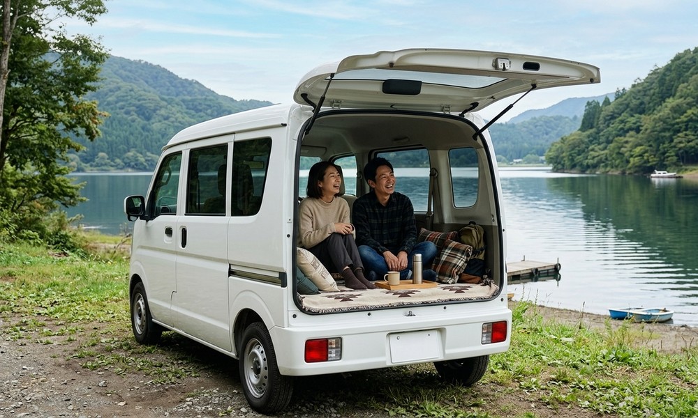 N-BOXをフラットにして湖畔でくつろぐ車中泊の様子